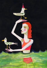 Swimming Lady with birds Poster och Canvastavla