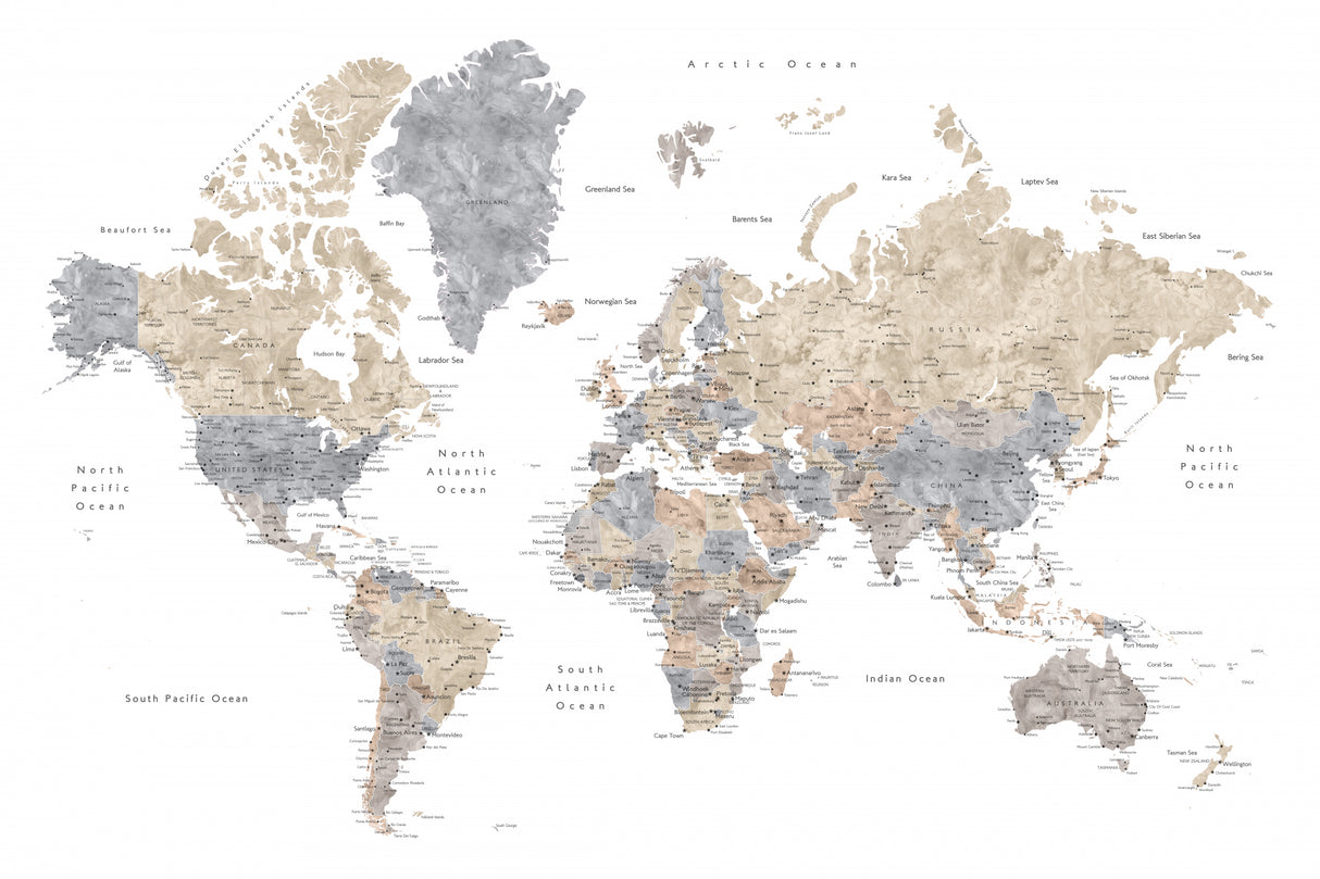 Watercolor world map with cities, Gouri Poster och Canvastavla