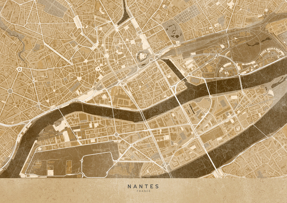 Sepia vintage map of Nantes downtown France Poster och Canvastavla