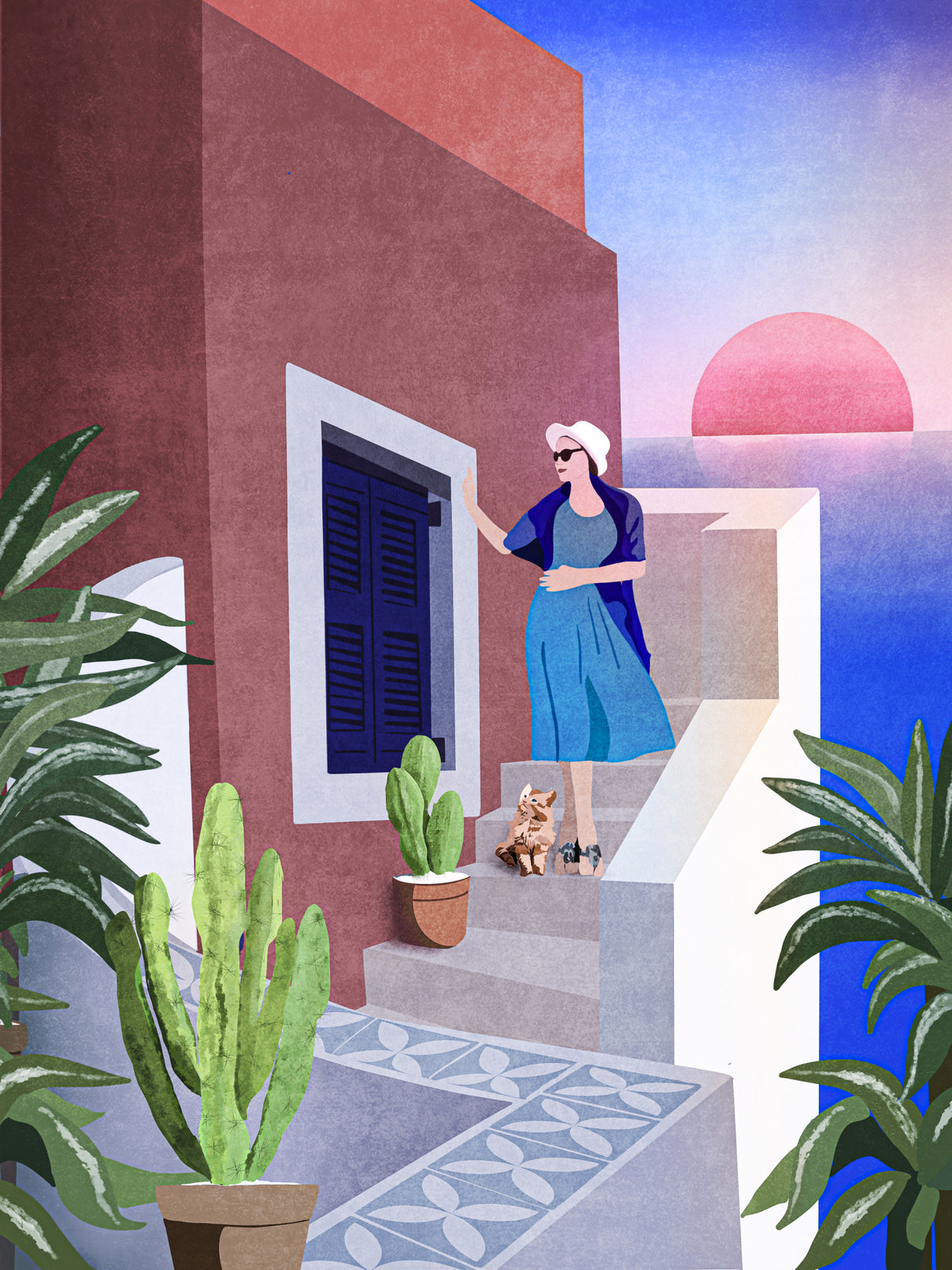 Lady and Cat In Santorini Poster och Canvastavla