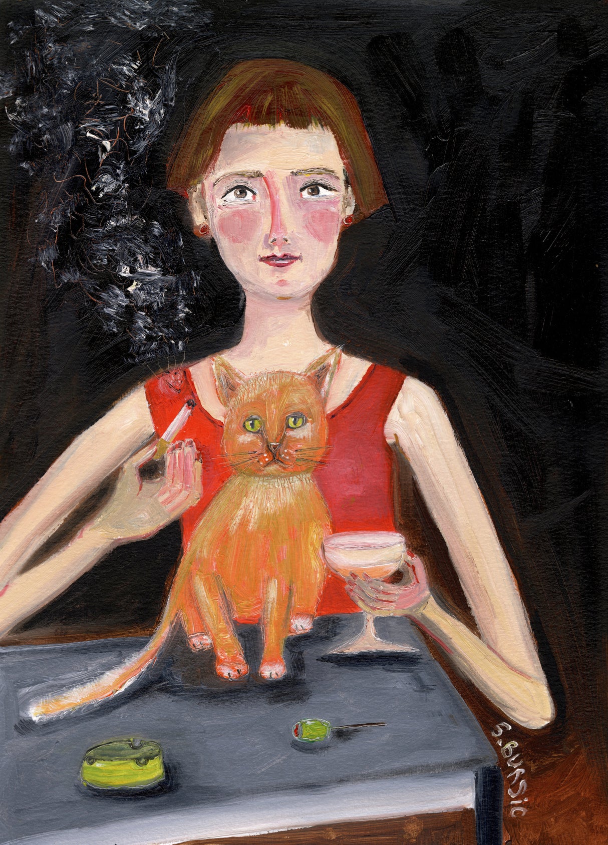 Vintage woman with cocktail and cat Poster och Canvastavla