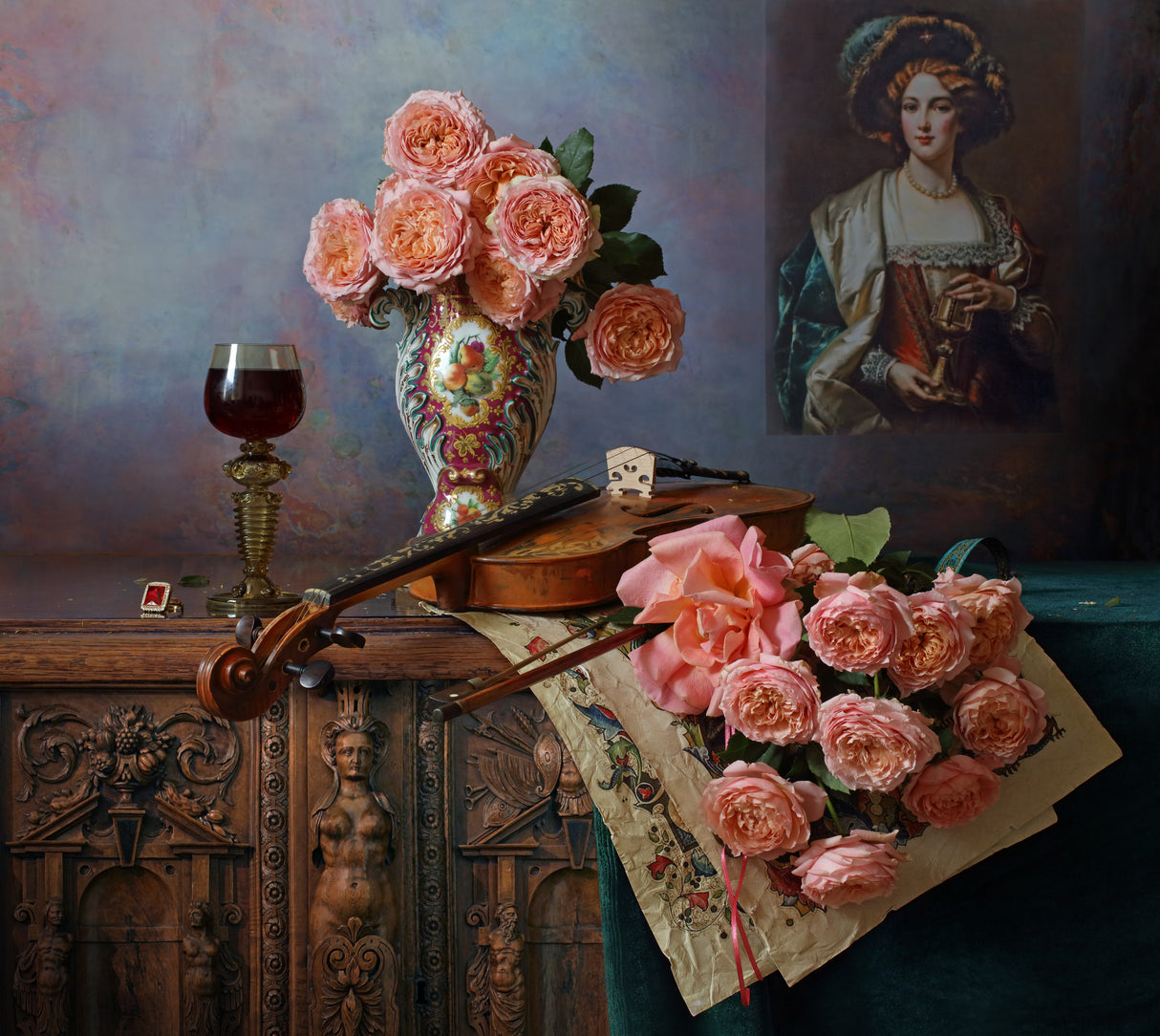 Still life with violin and roses Poster och Canvastavla