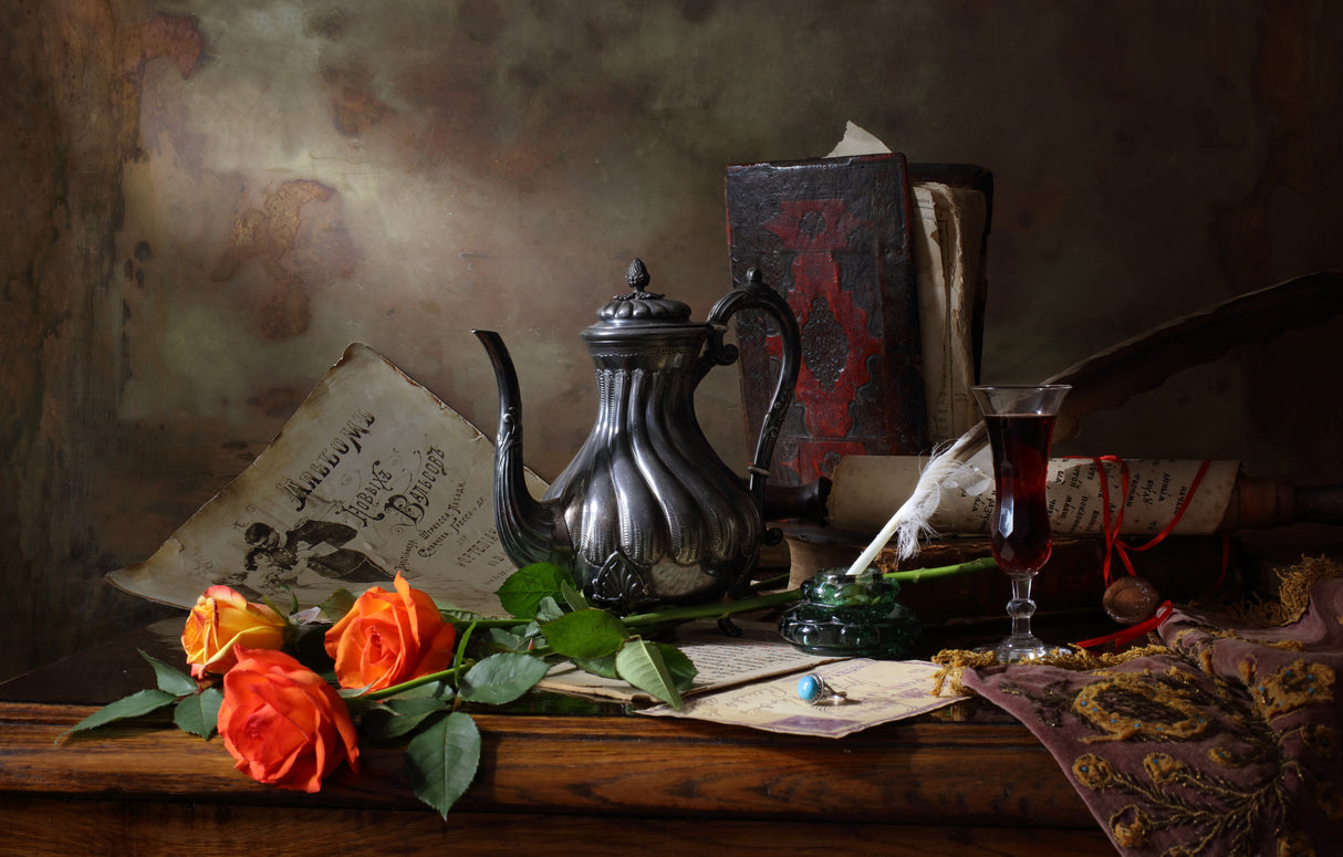 Still life with teapot and roses Poster och Canvastavla