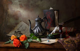 Still life with teapot and roses Poster och Canvastavla