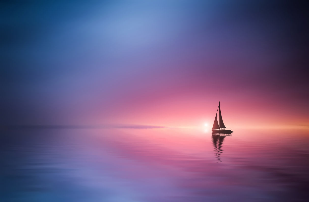 Sailing across the lake toward the sunset Poster och Canvastavla
