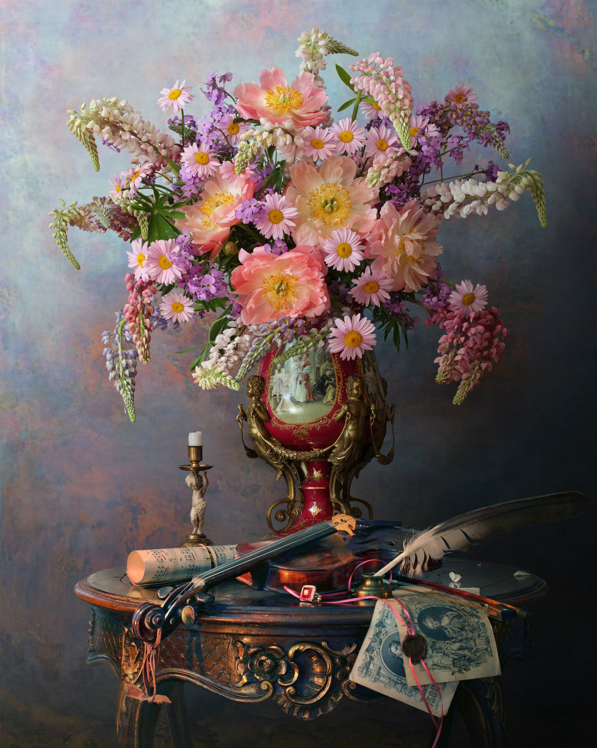 Still life with violin and flowers Poster och Canvastavla