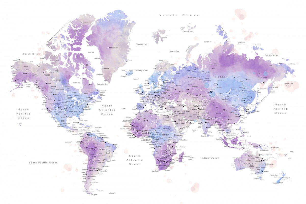Watercolor world map with cities, Gina Poster och Canvastavla