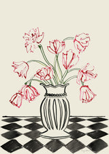 Pink Tulips In a Vase with Checkered Diamonds Poster och Canvastavla