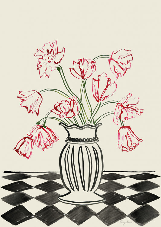 Pink Tulips In a Vase with Checkered Diamonds Poster och Canvastavla