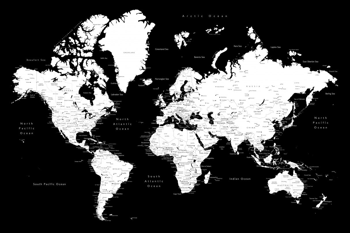 Black and white world map with cities, Connie Poster och Canvastavla