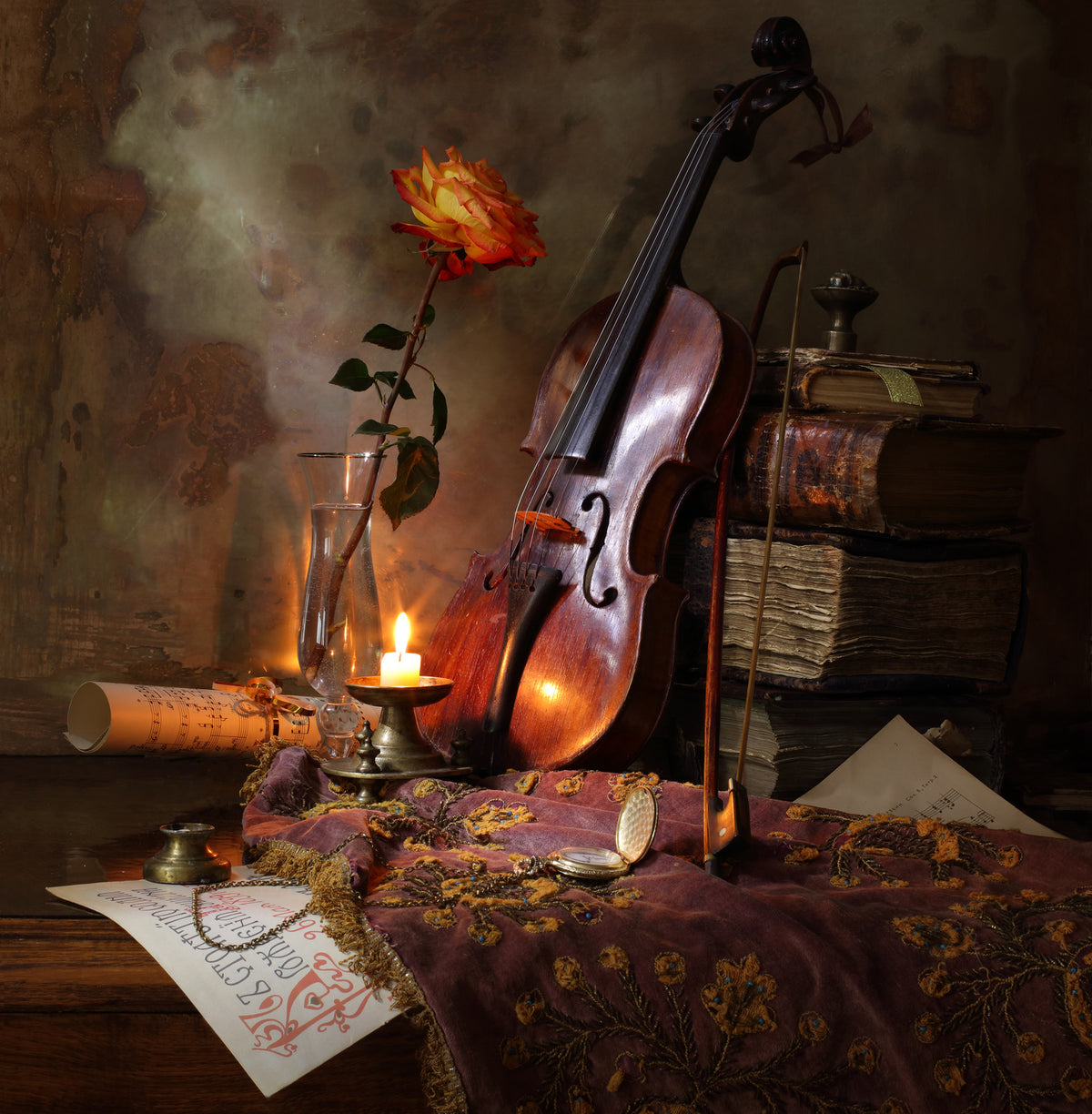 Still life with violin and rose Poster och Canvastavla