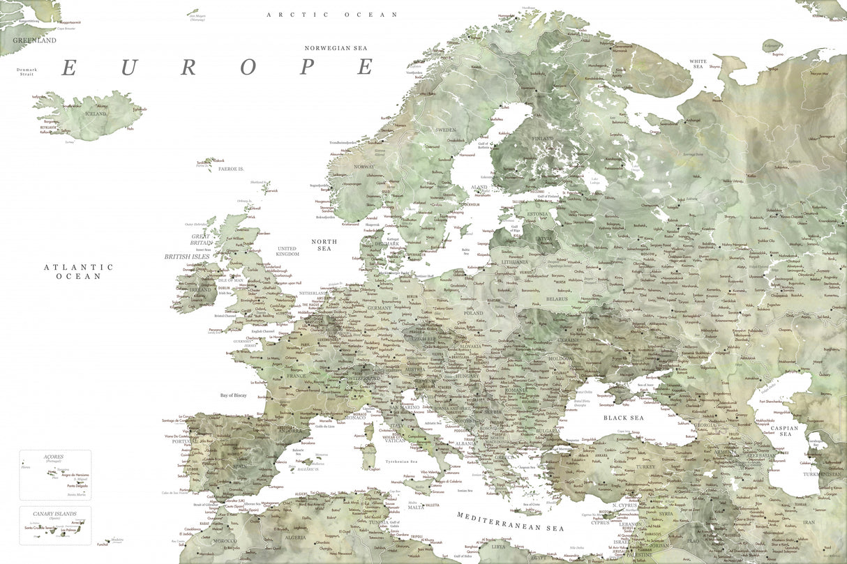 Green detailed map of Europe Poster och Canvastavla