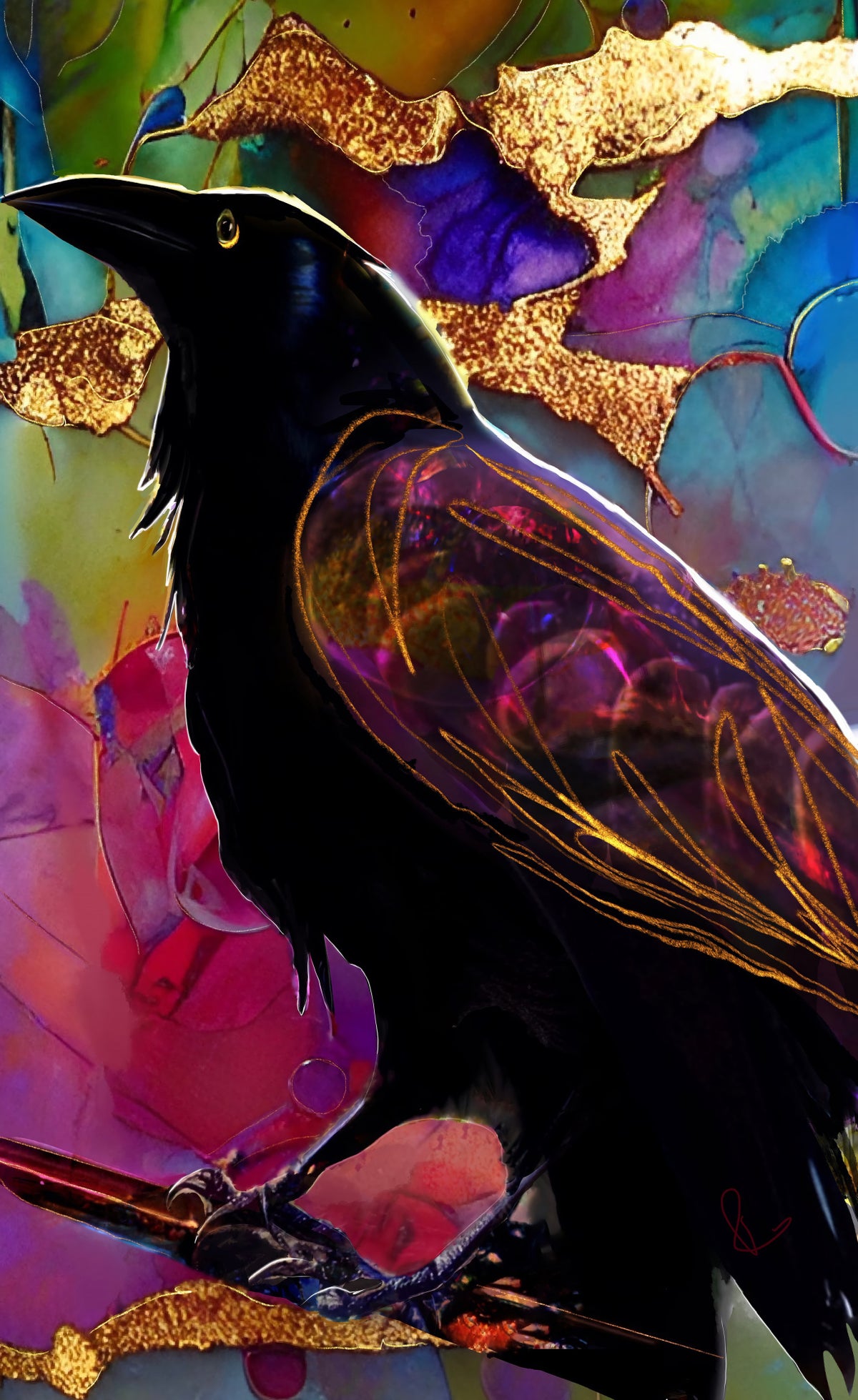 Raven with Pink and Gold Poster och Canvastavla