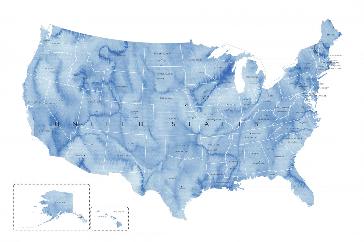 Blue watercolor map of the USA with states and state capitals Poster och Canvastavla