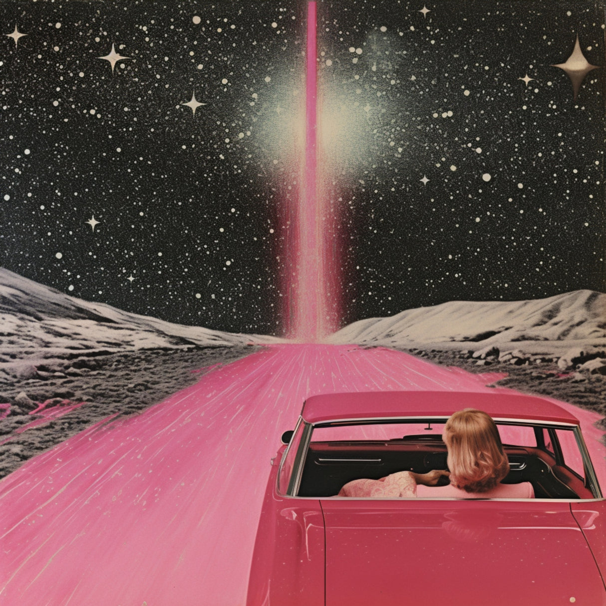 Pink Vintage Car in Space 3 Poster och Canvastavla