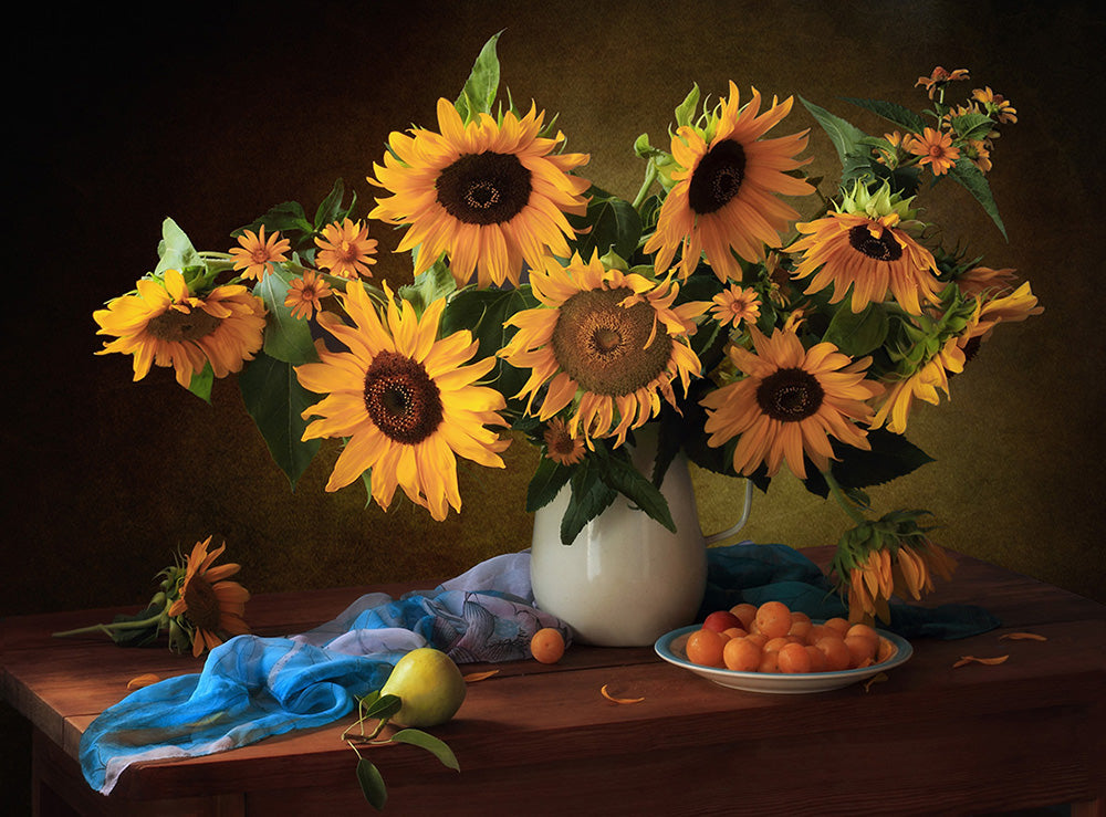 Still life with sunflowers and yellow plums Poster och Canvastavla