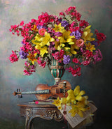 Still life with violin and flowers Poster och Canvastavla