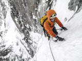 Tom Grant arriving in the upper Couloir Nord des Drus, Chamonix, France Poster och Canvastavla