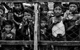 Rohingya children observing the distribution of food in boxes to other children. Poster och Canvastavla