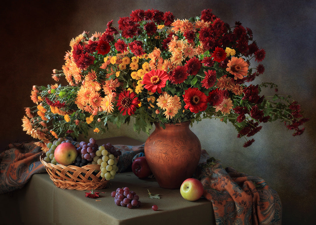 Still life with a bouquet of chrysanthemums and fruit Poster och Canvastavla