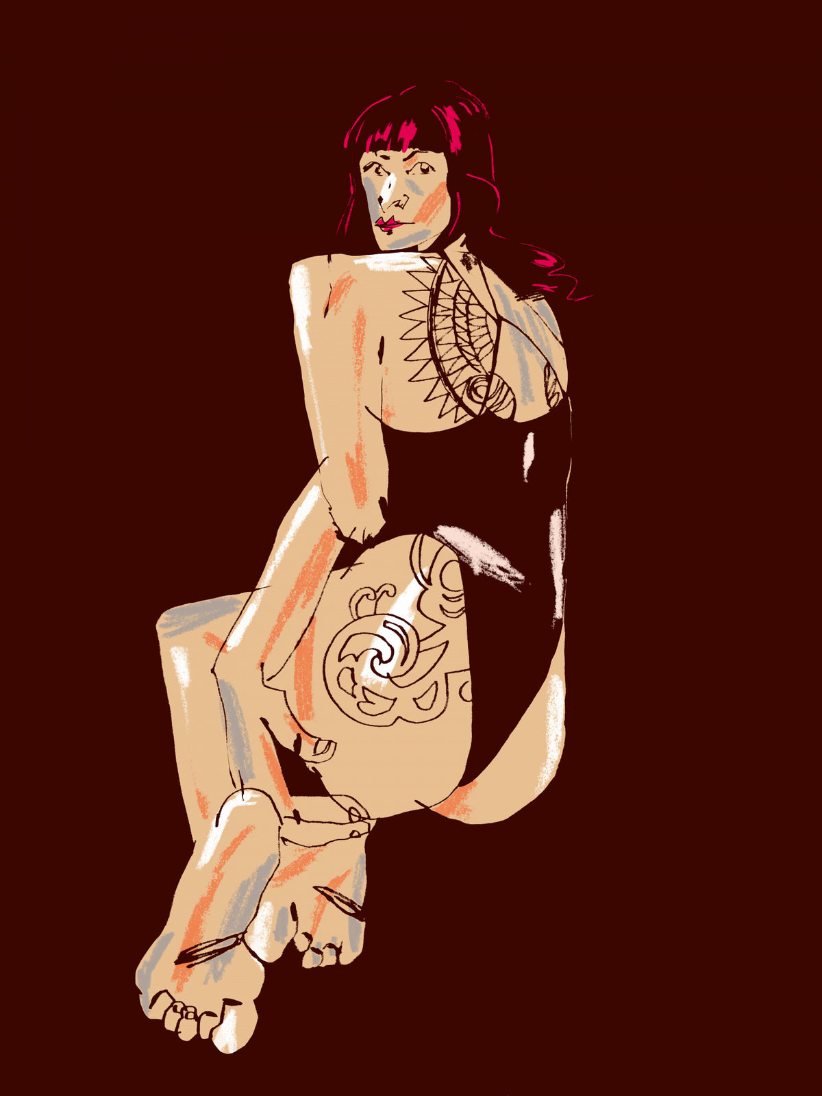 Girl With A Tattoo Dark Red Poster och Canvastavla