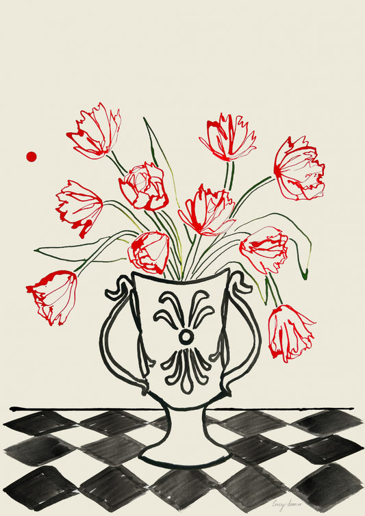 Red Tulips In a Vase with Checkered Diamonds Poster och Canvastavla