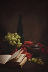 Still life with grapes, old books and a teapot Poster och Canvastavla