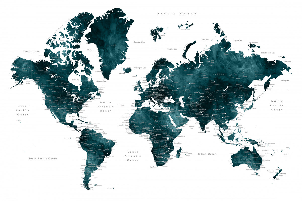 Dark teal world map with cities, Makani Poster och Canvastavla