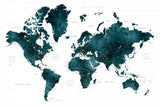 Dark teal world map with cities, Makani Poster och Canvastavla