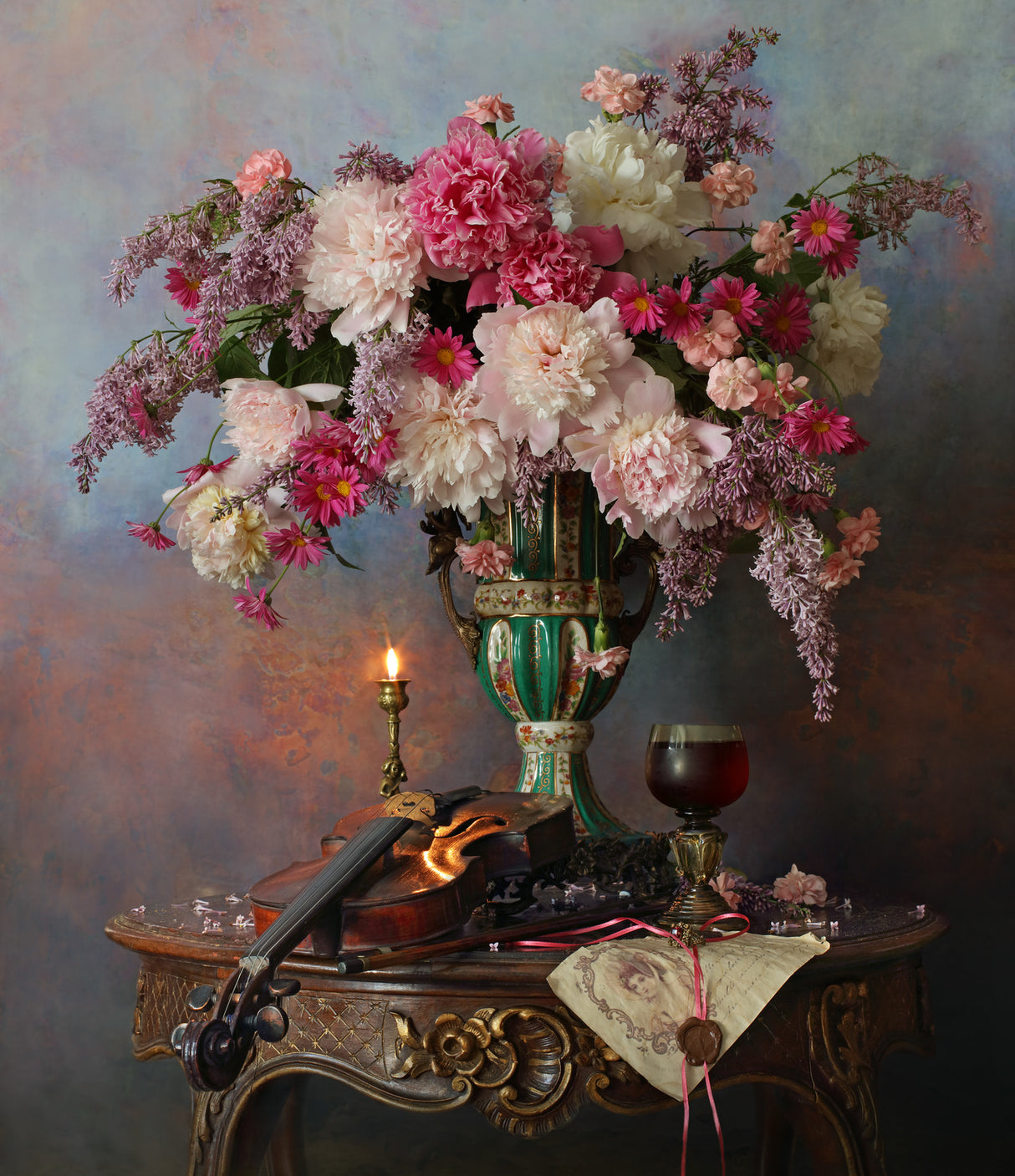 Still life with violin and flowers Poster och Canvastavla