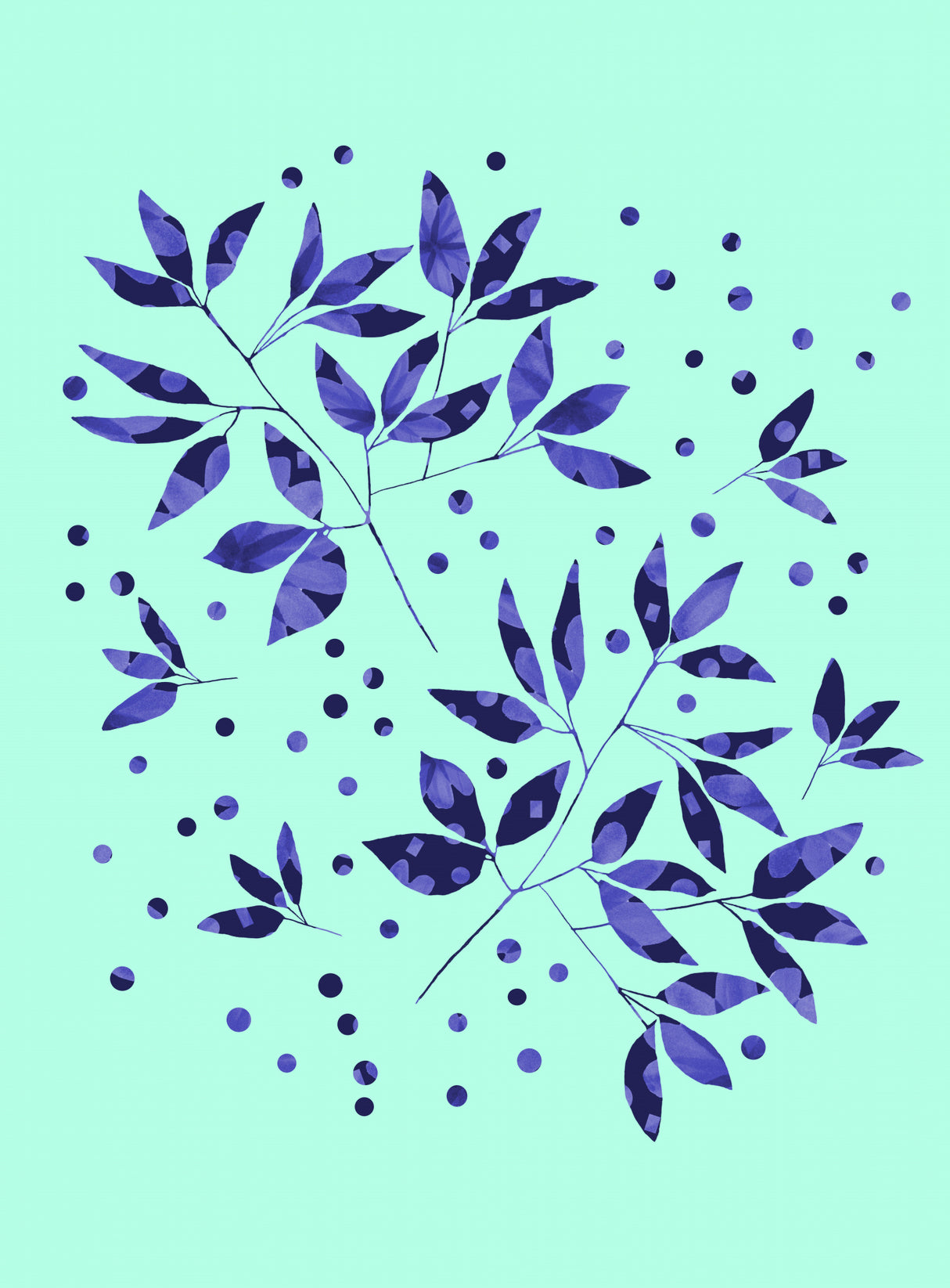 Floral Branches Blue Pattern On Mint Copy Poster och Canvastavla