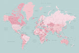 Pink and aqua world map with cities, Isobel Poster och Canvastavla