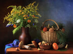 Still life with mushrooms and bouquet Poster och Canvastavla