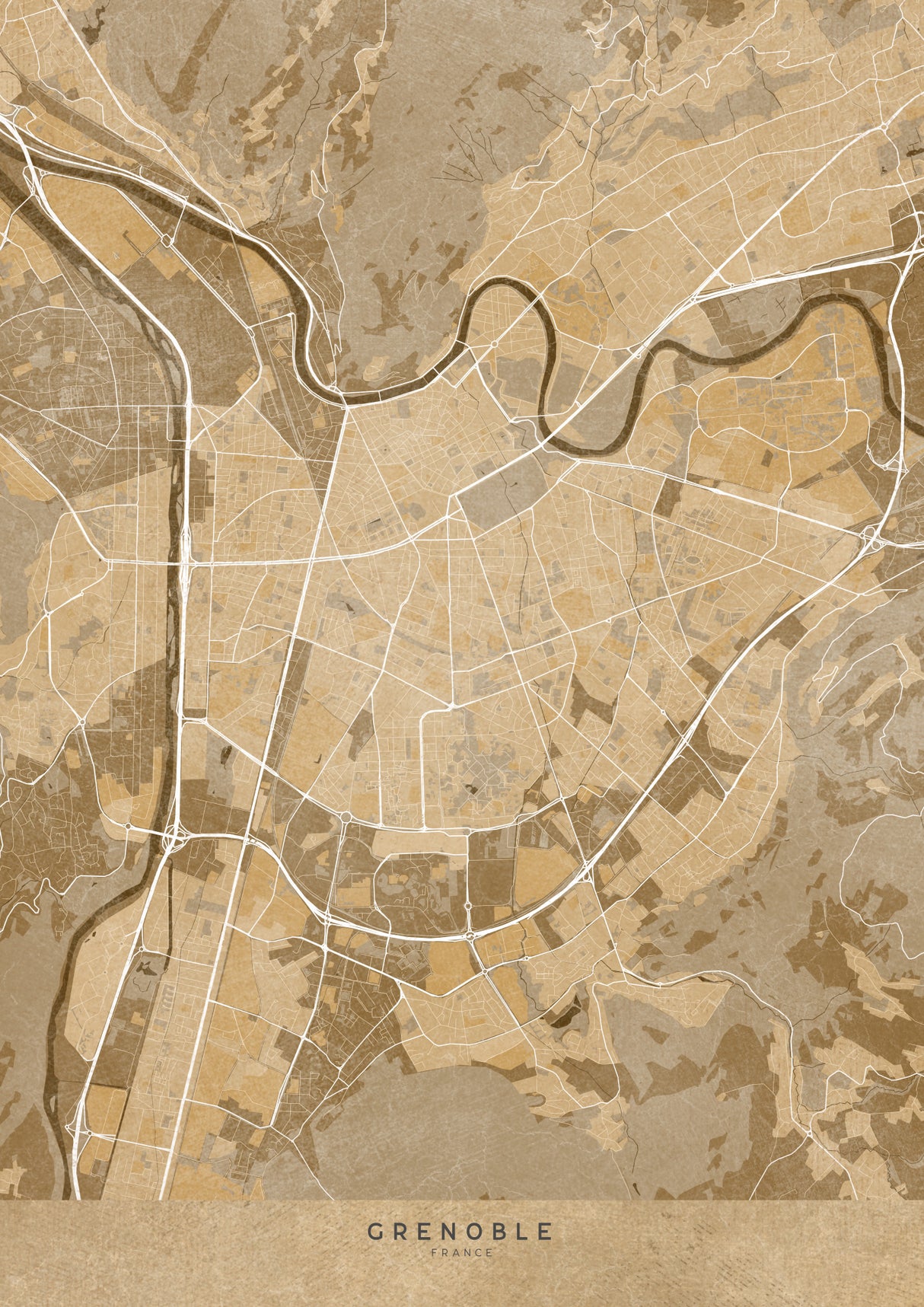 Sepia vintage map of Grenoble France Poster och Canvastavla