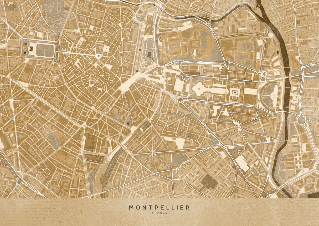 Sepia vintage map of Montpellier downtown France Poster och Canvastavla