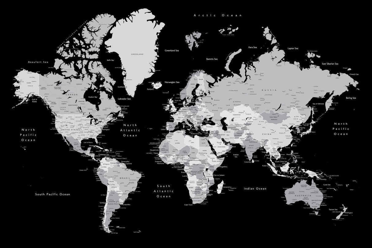 Gray world map with cities, Joseph Poster och Canvastavla