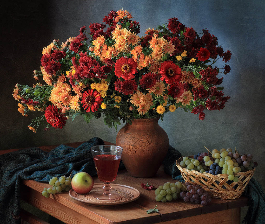 With a bouquet of chrysanthemums and wine Poster och Canvastavla