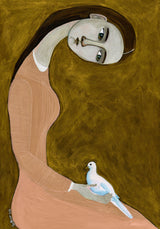 Girl with Dove sitting with pink dress Poster och Canvastavla
