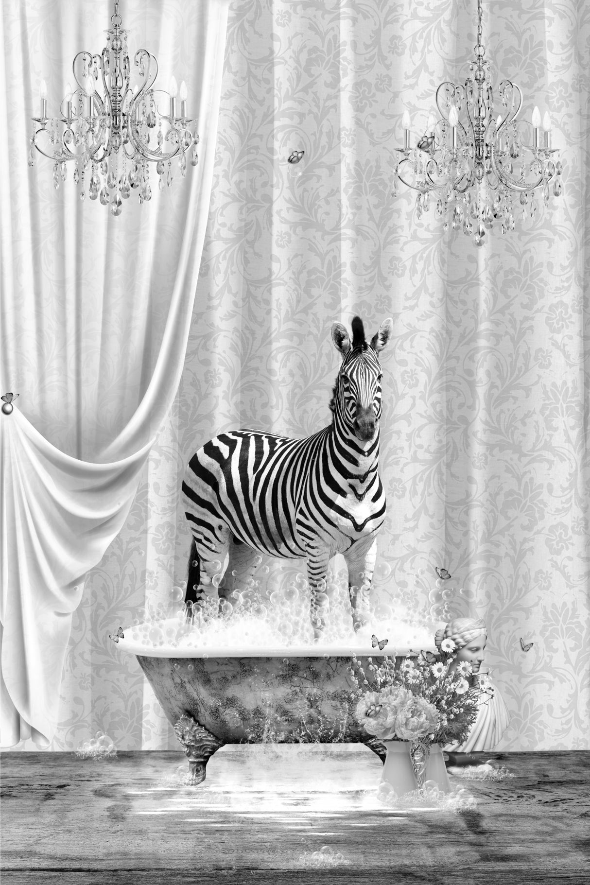 Zebra &amp; Bubbles Black &amp; White Poster och Canvastavla