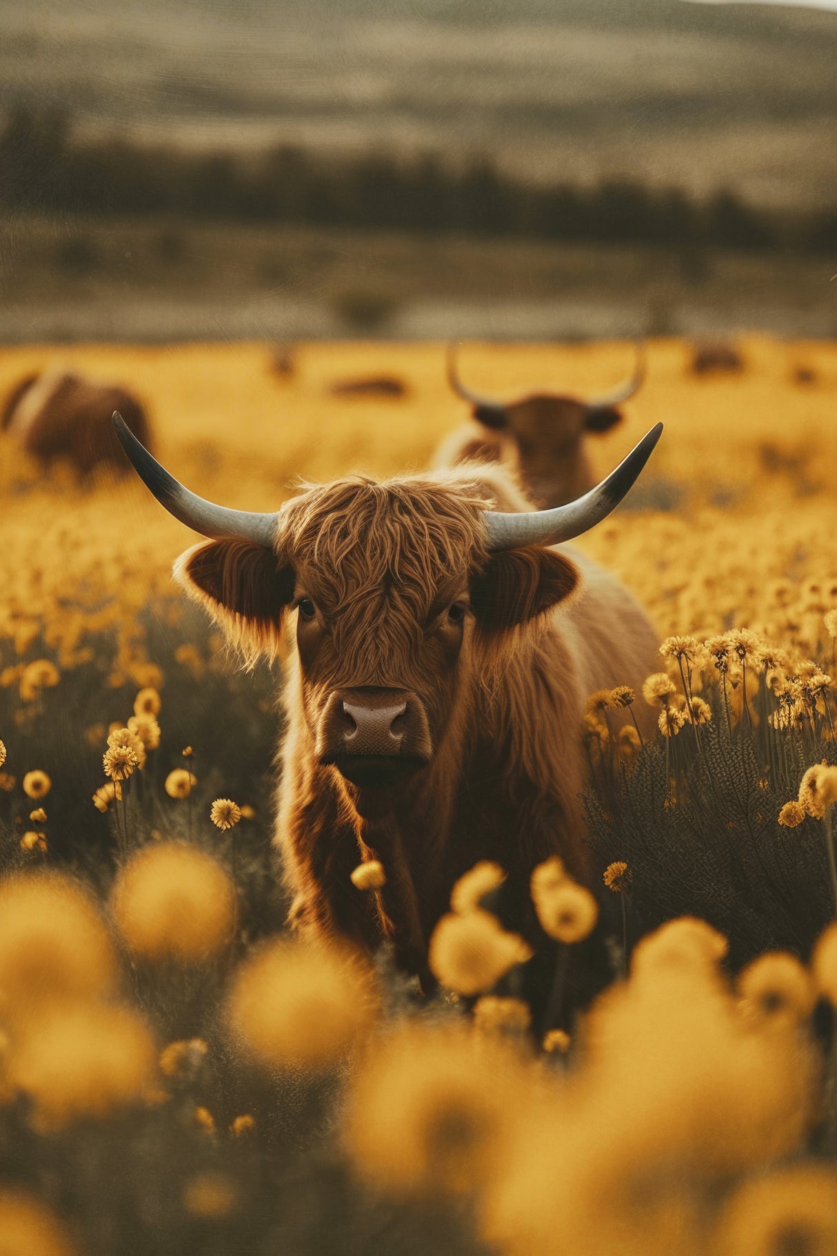 Highland cows in flower field Poster och Canvastavla