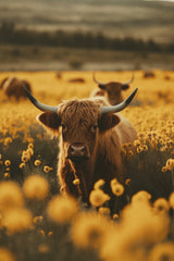 Highland cows in flower field Poster och Canvastavla