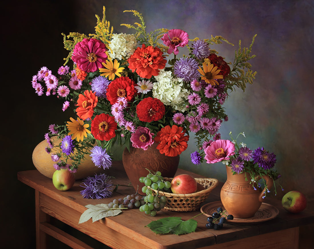 Still life with autumn flowers and fruits Poster och Canvastavla
