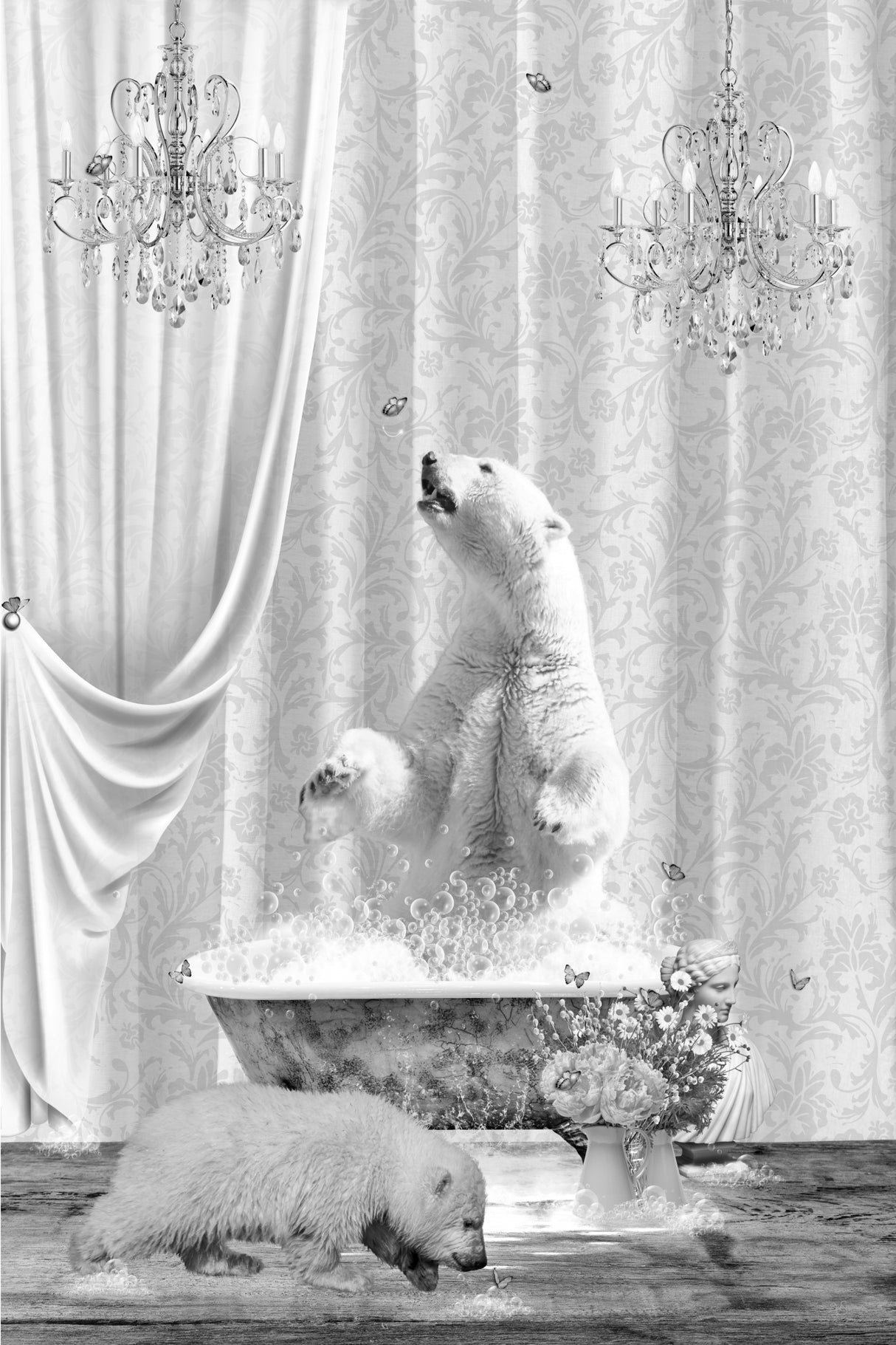 Polar Bears &amp; Bubbles Black &amp; White Poster och Canvastavla