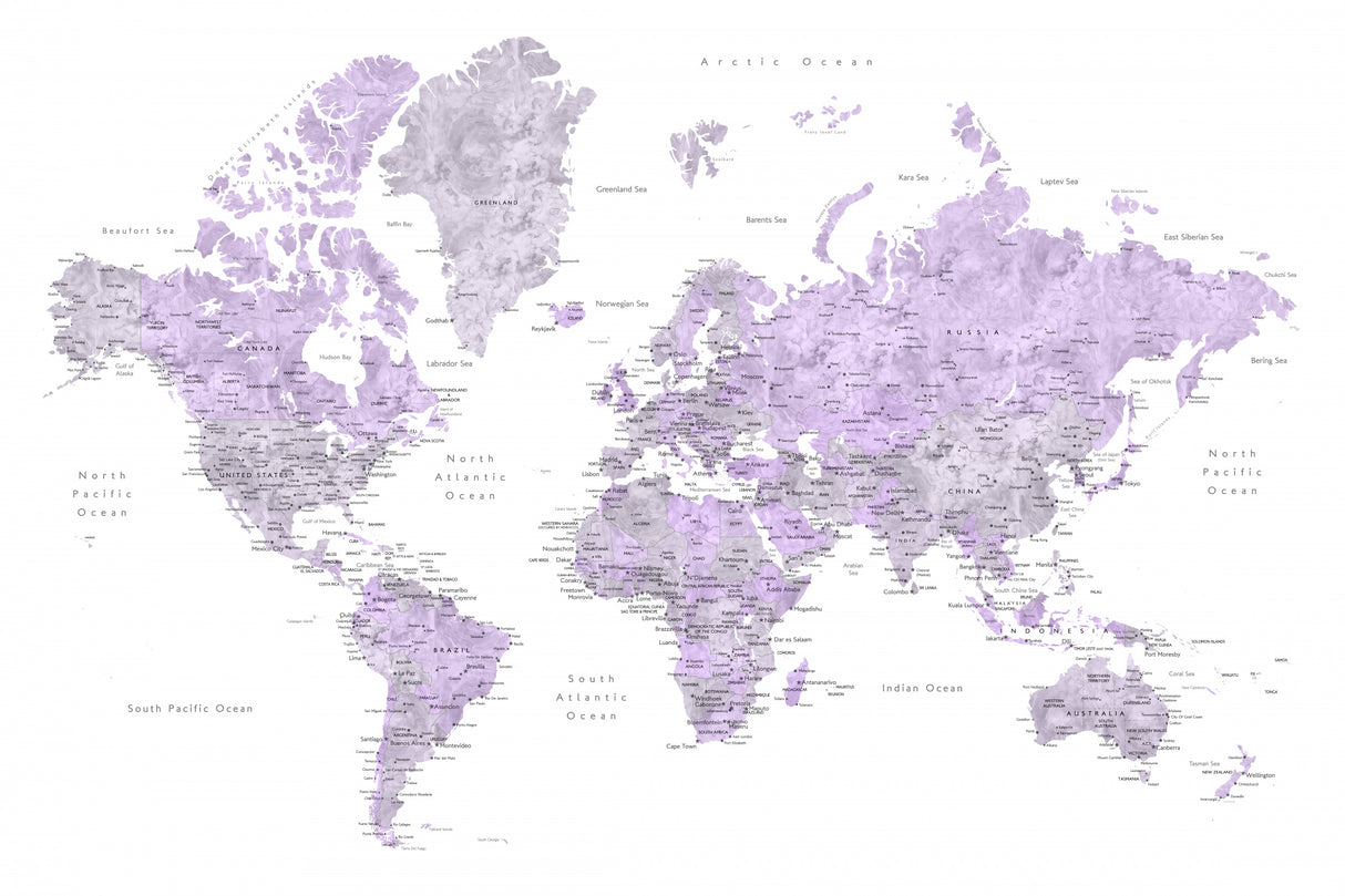 Watercolor world map with cities, Tanya Poster och Canvastavla