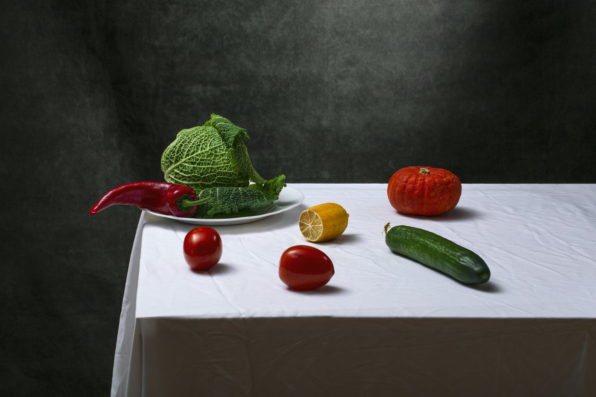 Still life with Savoy cabbage, tomatoes, cucumber, red pepper, lemon and pumpkin Poster och Canvastavla