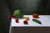 Still life with Savoy cabbage, tomatoes, cucumber, red pepper, lemon and pumpkin Poster och Canvastavla
