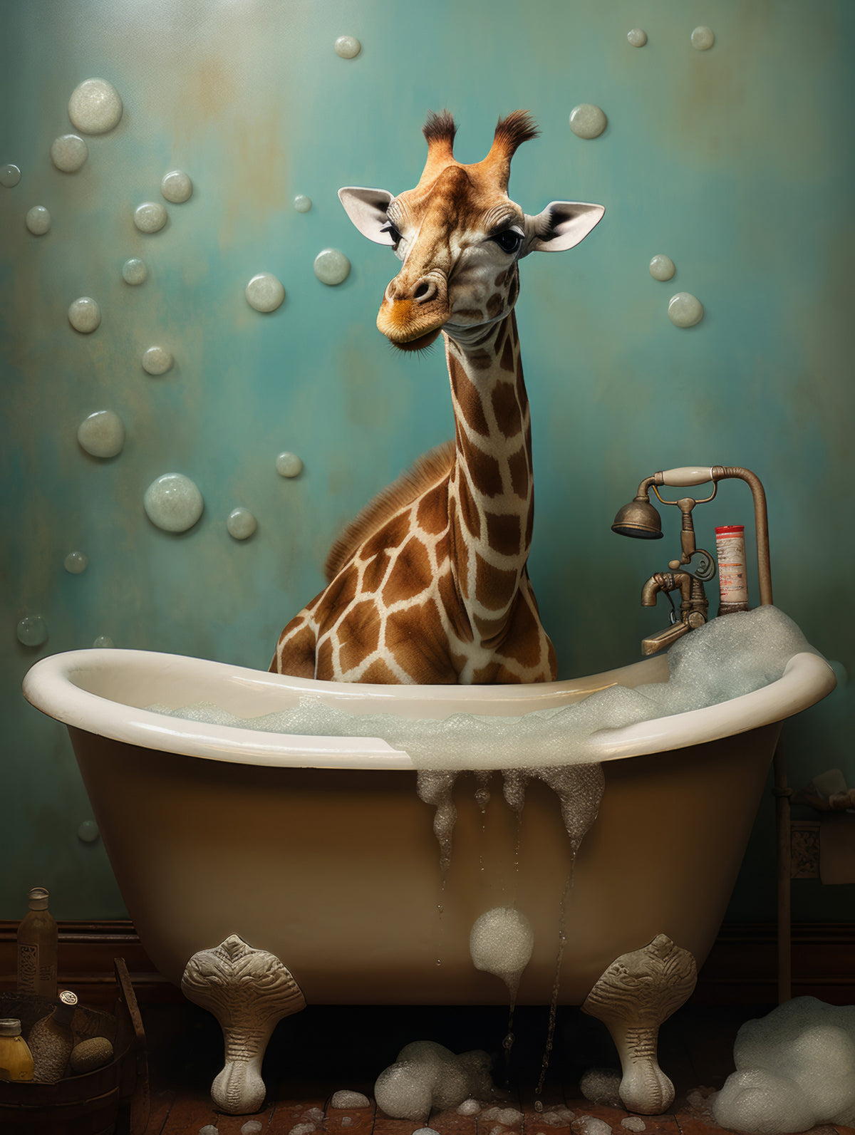 Giraffe In Bathroom 2 Poster och Canvastavla