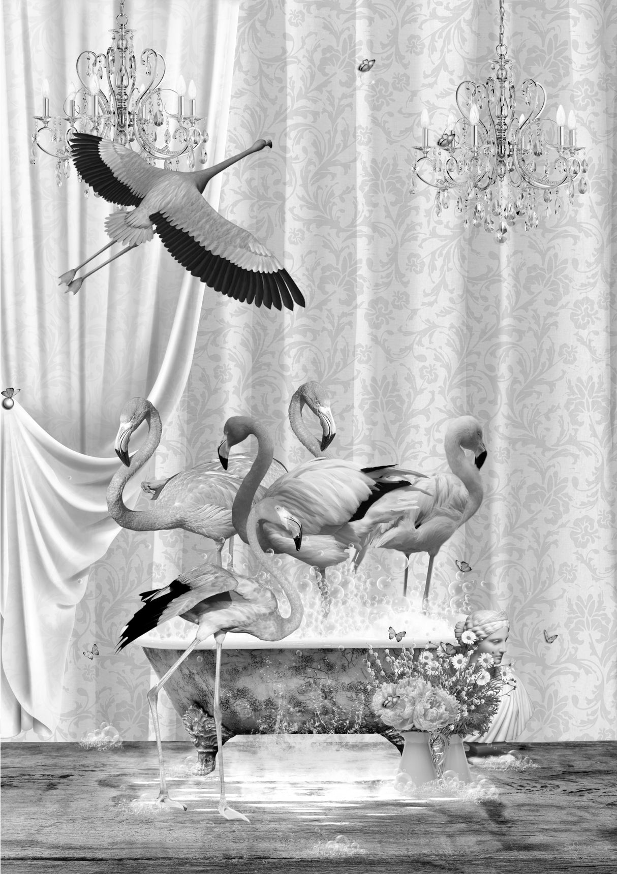 A flurry of Flamingos &amp; Bubble Black &amp; White Poster och Canvastavla
