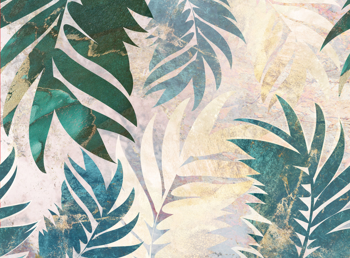 Marble gold green leaves mural Poster och Canvastavla