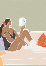 Woman Enjoying a Great Hygge Book Poster och Canvastavla